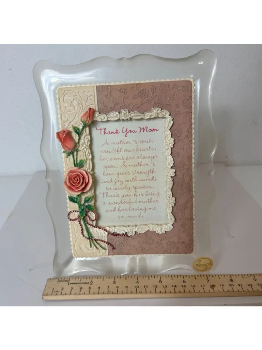 Thank You Mom Musical Frame Inspiration Rose Floral VTG Wind Beneath My Wings
